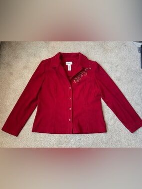 Studio I Deep Red Button-Up Blazer with Embroidered Accent